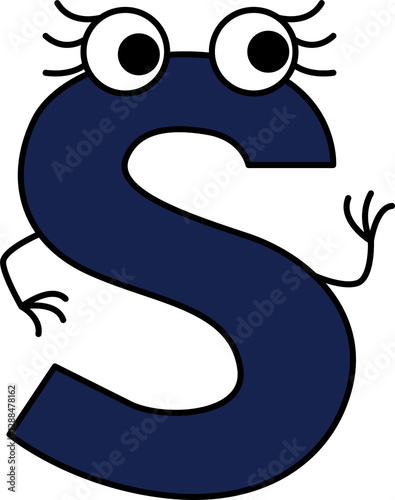 capital letter S with eyes with eyelashes and with hands looking to the side