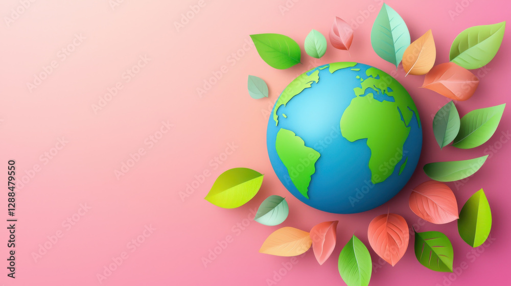 Earth surrounded by colorful leaves on pink gradient background, symbolizing nature Earth surrounded by colorful leaves on pink gradient background, symbolizing nature