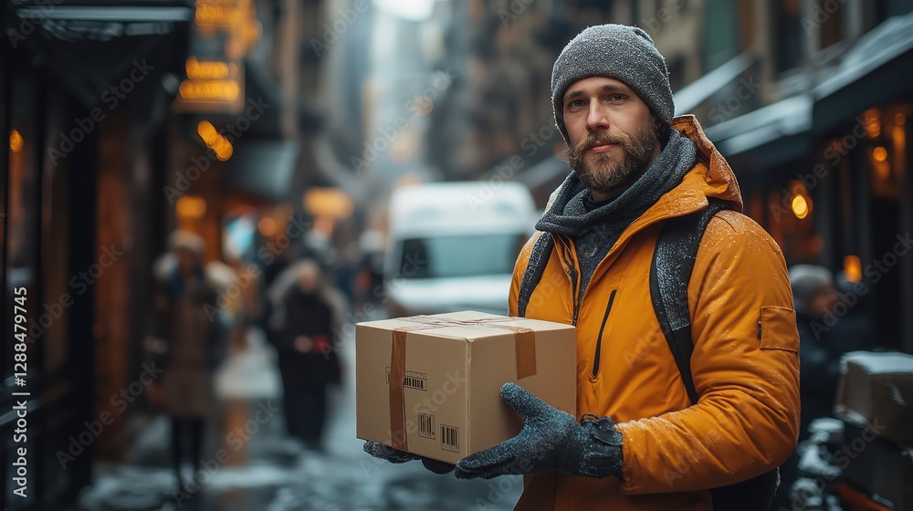 delivery driver holding package near van in bustling city with busy pedestrians