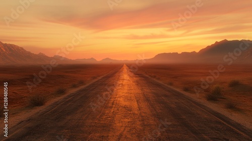 Desert highway stretching into sunset with vibrant sky and distant mountains. Adventure and solitude in nature concept