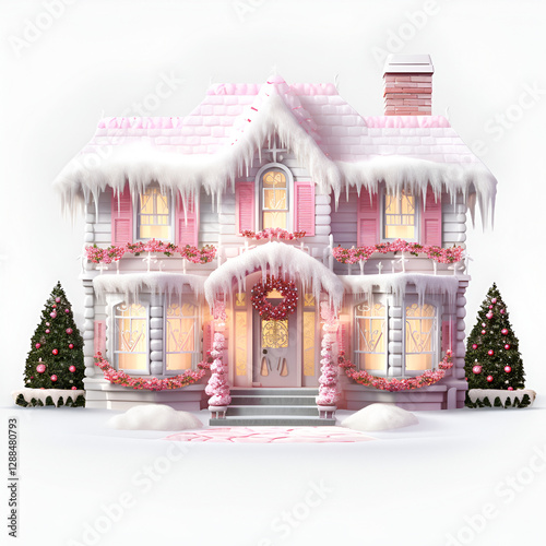 There is a watercolor painting of a house with a candy cane