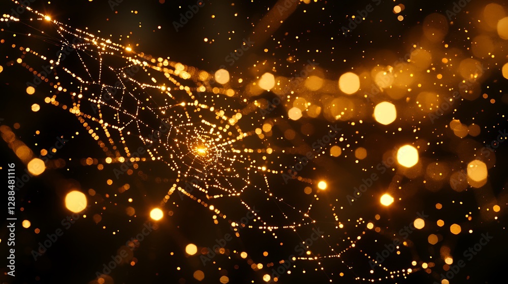 Obraz premium Sparkling spiderweb, night, glowing particles, abstract art