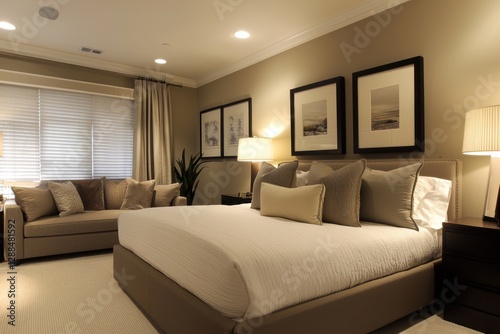Contemporary bedroom setup with a large bed, framed artwork on the wall, and a modern sofa, creating a serene ambiance