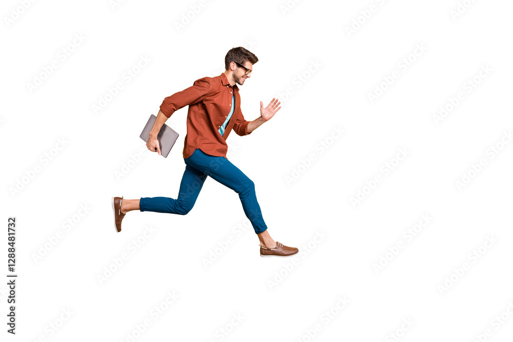 Full length body size view of his he nice attractive cheerful cheery successful brunet guy jumping in air carrying laptop running fast late hurry-up isolated over beige color pastel background Full length body size view of his he nice attractive cheerful cheery successful brunet guy jumping in air carrying laptop running fast late hurry-up isolated over beige color pastel background