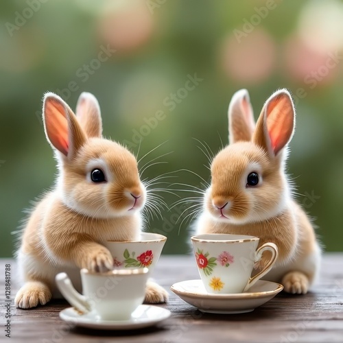 Adorable Teacup Bunny Pair Sipping from Miniature Cups photo