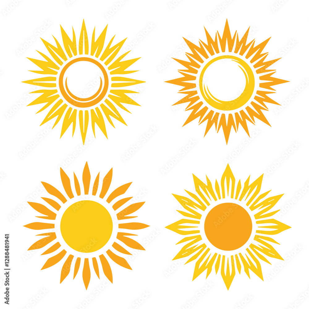 Collection of Four Abstract Sun Vector Icons with Radiating Rays – Bright, Versatile Graphics for Summer Themes, Renewable Energy, and Logo Designs Collection of Four Abstract Sun Vector Icons with Radiating Rays – Bright, Versatile Graphics for Summer Themes, Renewable Energy, and Logo Designs