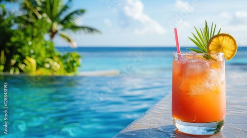 A resort pool with swim-up bars and tropical cocktails in a tropical destination. photo