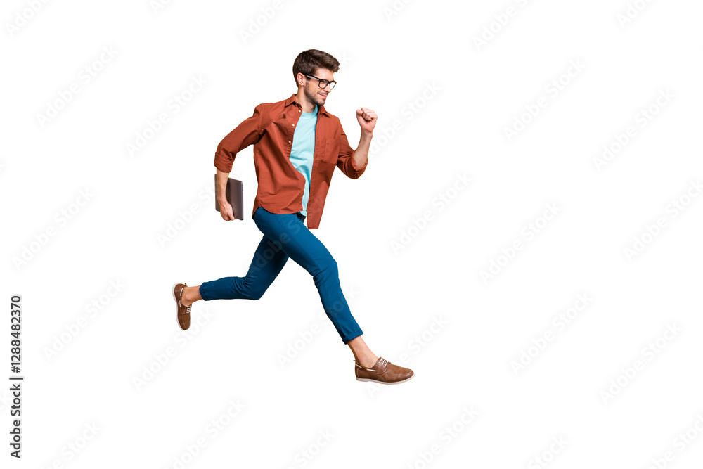 Full length body size view of his he nice attractive cheerful content successful guy leader jumping in air carrying laptop running fast hurry-up meeting isolated over beige color pastel background Full length body size view of his he nice attractive cheerful content successful guy leader jumping in air carrying laptop running fast hurry-up meeting isolated over beige color pastel background