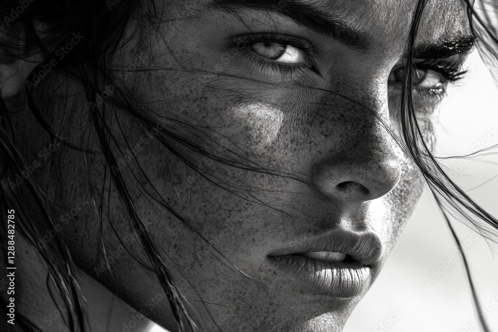 Fototapeta premium Close-up of a young woman with freckles and intense gaze on a sunny day at the beach