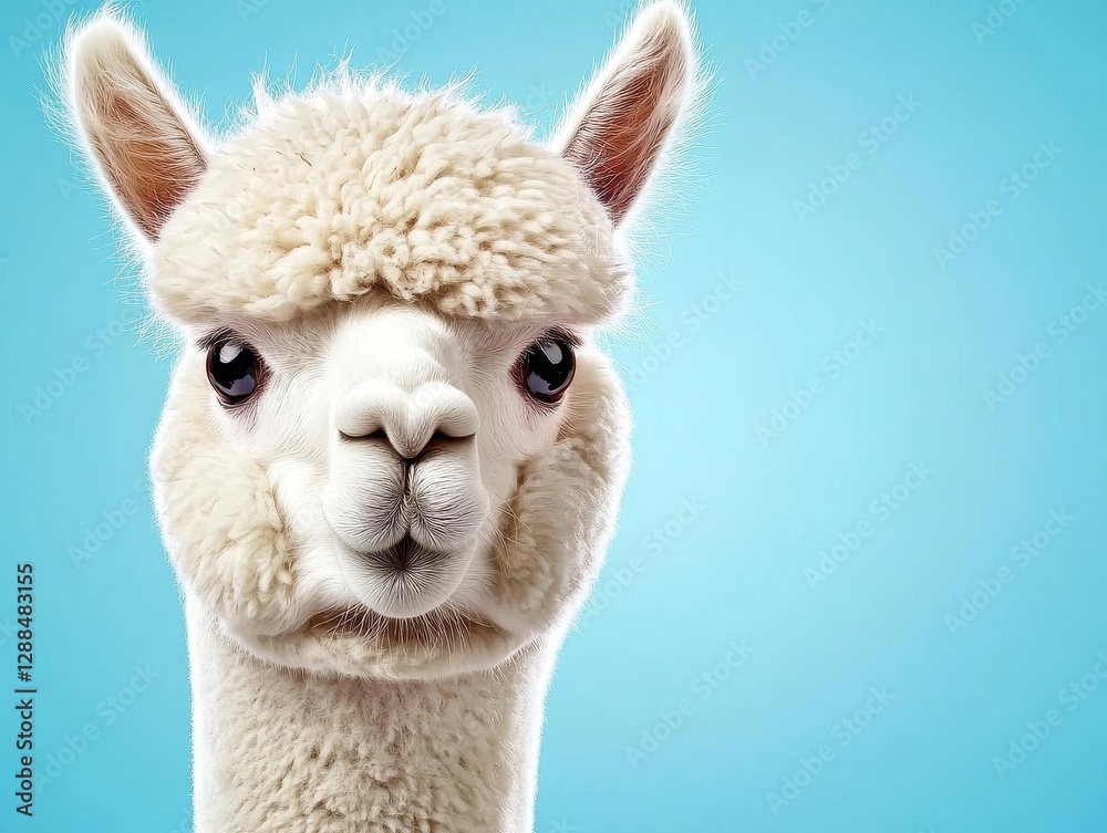 Obraz premium Funny white alpaca on blue background