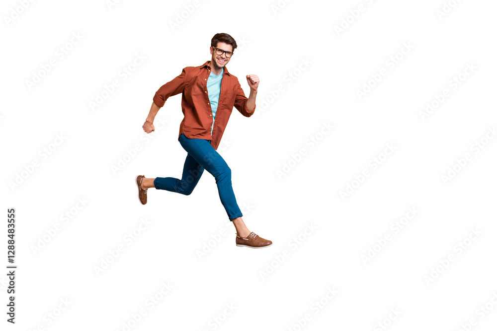 Full length body size view of nice attractive cheerful cheery strong sportive successful guy leader jumping in air running fast hurry-up meeting appointment isolated over beige color pastel background Full length body size view of nice attractive cheerful cheery strong sportive successful guy leader jumping in air running fast hurry-up meeting appointment isolated over beige color pastel background