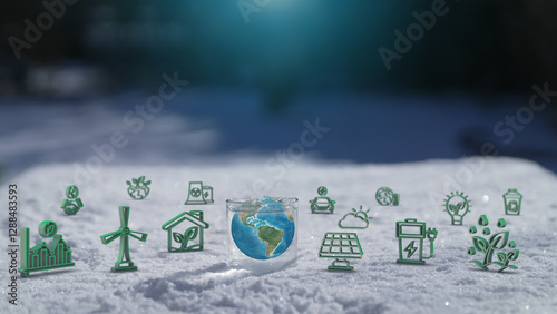 Earth Global Ecological Green Energy 3D Icons Concept On Snowy Nature Background