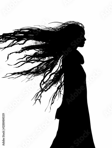 Woman with long hair is standing in front of a white background. The hair is wild and untamed, giving the impression of a strong and independent woman. Concept of freedom and individuality