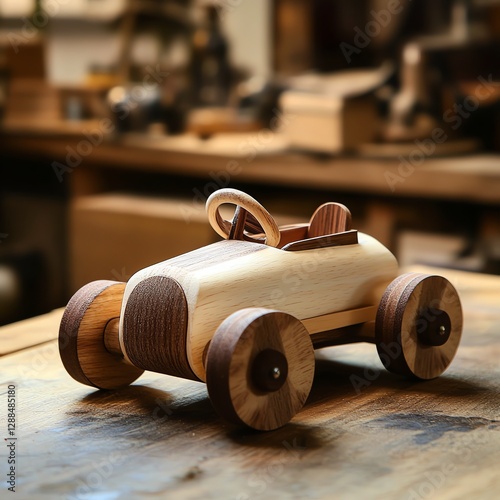 A charming wooden toy car sits on a rustic workbench, showcasing craftsmanship with its smooth curves and natural wood textures.