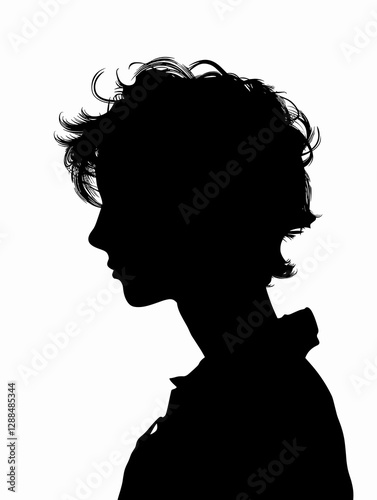 Woman's head is shown in black and white. The hair is curly and the face is outlined in white. The image has a moody and dramatic feel to it, as the woman's features are emphasized in the black