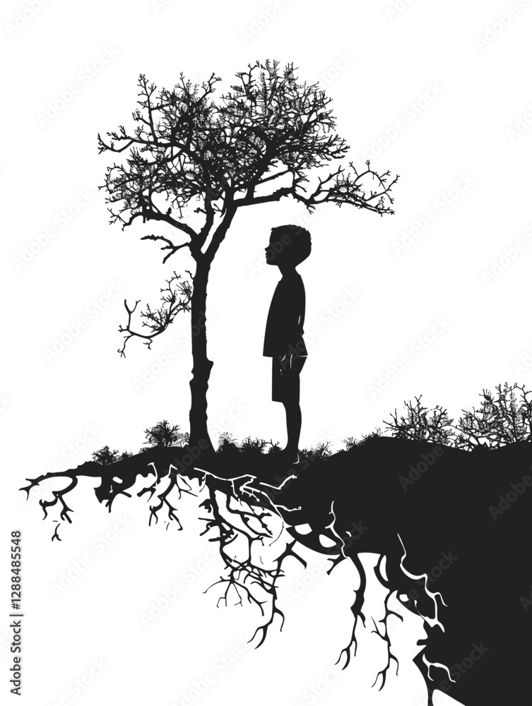 Silhouette of a person standing in front of a tree. The tree is bare and the person is looking up at it. Scene is somber and contemplative Silhouette of a person standing in front of a tree. The tree is bare and the person is looking up at it. Scene is somber and contemplative