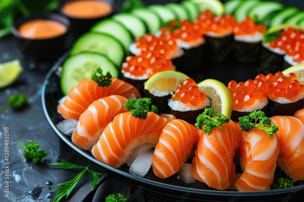 A vibrant platter of sushi featuring salmon, cucumber, and salmon roe, beautifully arranged with garnishes and dipping sauces.