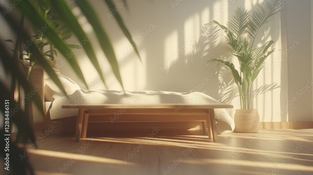 Sunny bedroom, wooden table, plants, morning light, calm interior design Sunny bedroom, wooden table, plants, morning light, calm interior design
