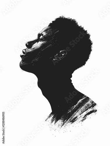 Man with a shaved head is looking up at the camera. The image is black and white, giving it a dramatic and moody feel. The man's expression is serious and contemplative, as if he is deep in thought