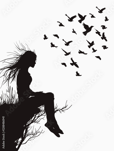 Woman sits on a rock with a flock of birds flying in the background. Concept of solitude and freedom, as the woman is alone on the rock while the birds soar above her