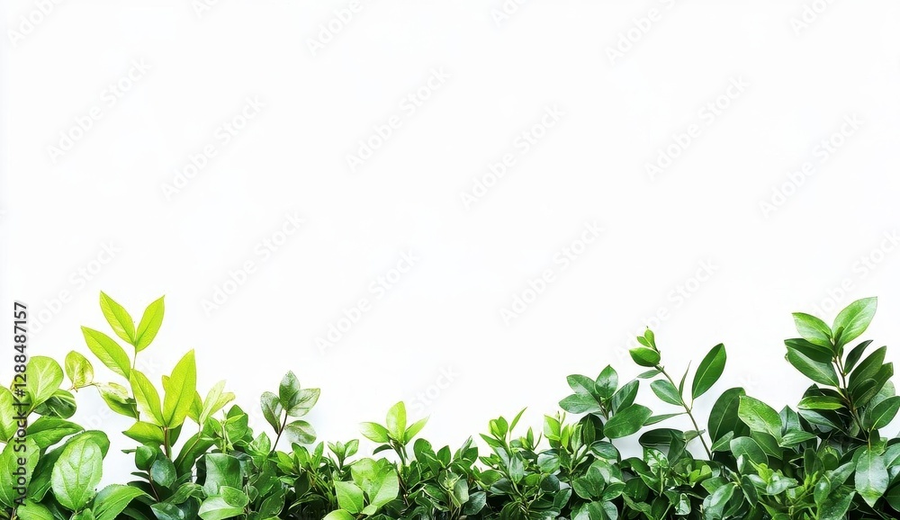 Green plants, white background, bottom border, horizontal composition, ultra-high-definition photography. Green plants, white background, bottom border, horizontal composition, ultra-high-definition photography.