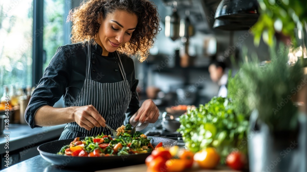 Chef plating an elegant plant-based dish in a restaurant kitchen, focusing on organic ingredients and fine dining presentation Chef plating an elegant plant-based dish in a restaurant kitchen, focusing on organic ingredients and fine dining presentation