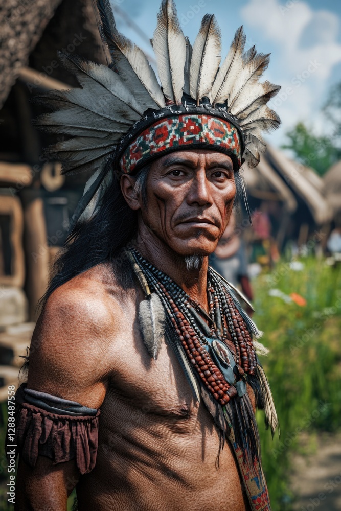 Obraz premium Man with Feather Headdress Standing Outside Hut