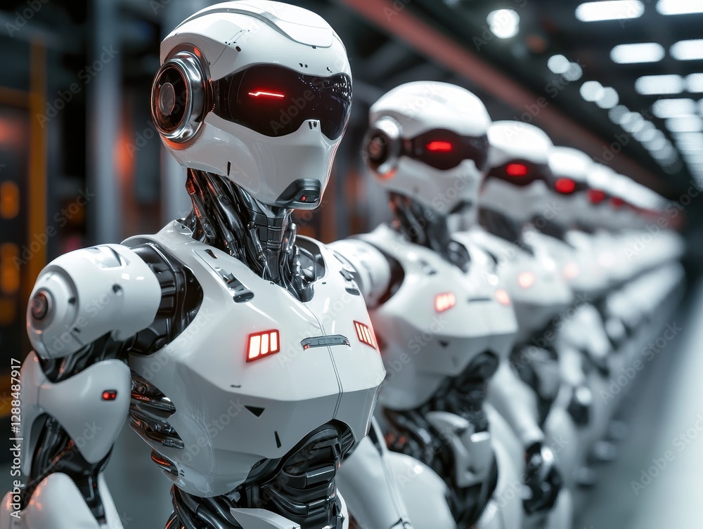 Fototapeta premium A Line of Advanced Humanoid Robots in a Futuristic Factory Setting