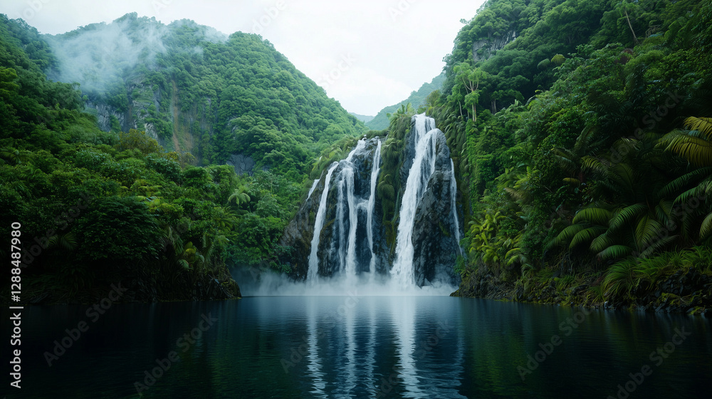 Fototapeta premium Majestic Waterfall in a Dense Tropical Rainforest