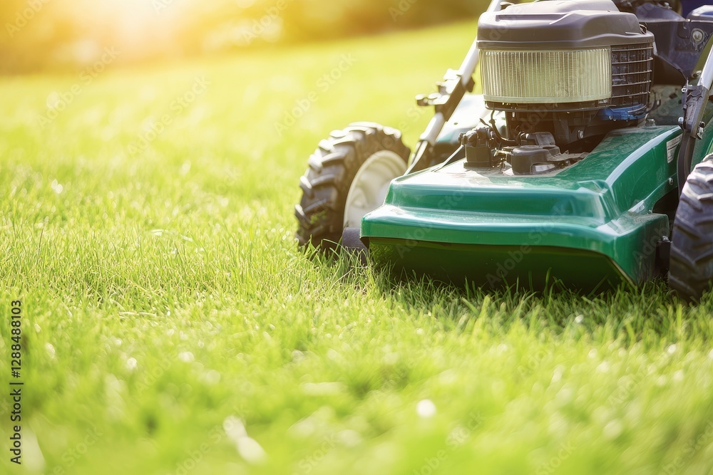 Green Lawn Mower in a Sunny Garden Green Lawn Mower in a Sunny Garden