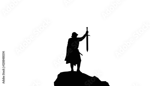 Silhouette of warrior holding sword on rocky cliff