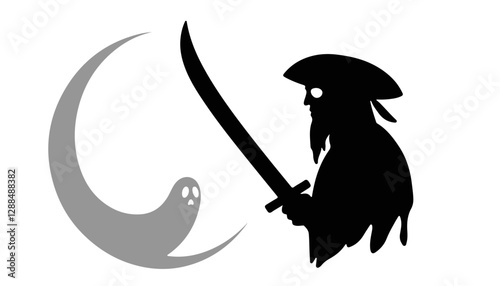 Pirate with sword facing ghost against abstract crescent moon background