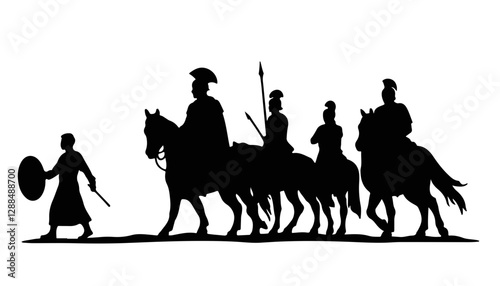 Silhouetted soldiers on horseback with a warrior in foreground