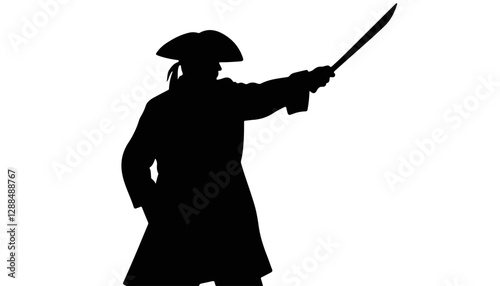 Silhouette of a pirate brandishing a sword against white background