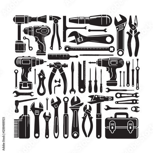 Tools vector silhouette. Construction tool collection vector art. Repair equipment vector illustration