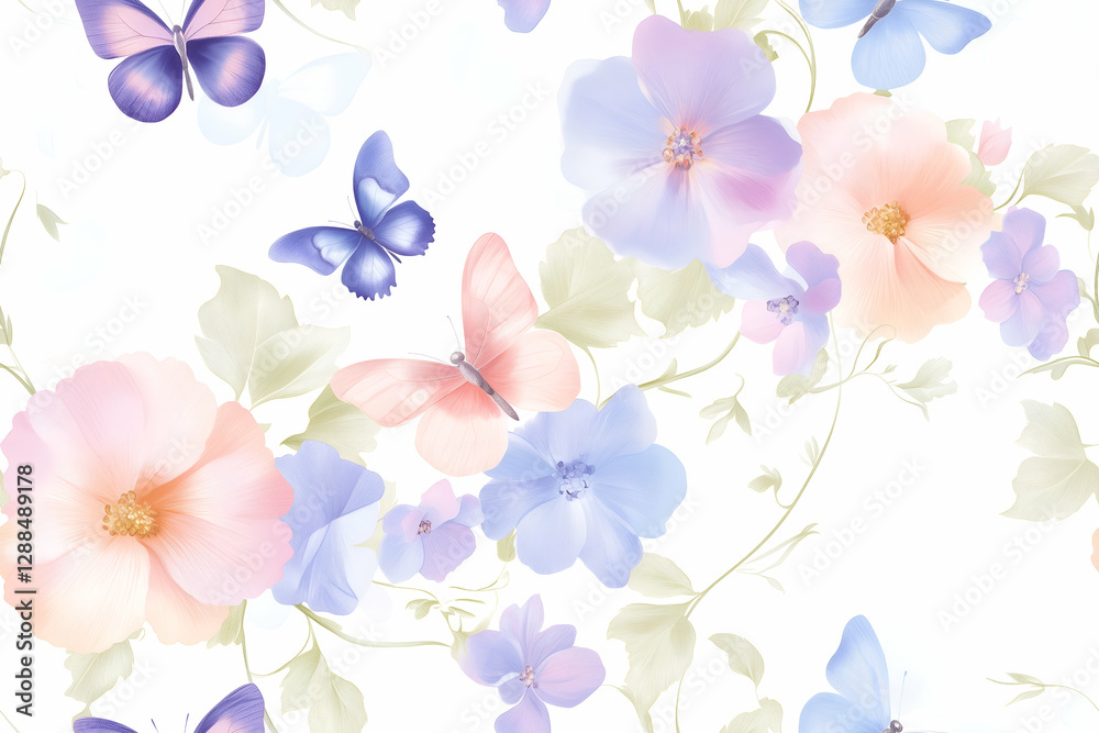 Fototapeta premium delicate botanical pattern with blooming flowers and flying butterflies in pastel