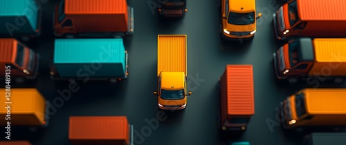 Aerial birds eye shot of a meticulously orchestrated convoy of delivery vehicles in a streamlined high efficiency logistics facility  Muted tones sharp shadows and high contrast create an avant garde