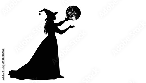Silhouette of a witch holding a mystical globe against a white background