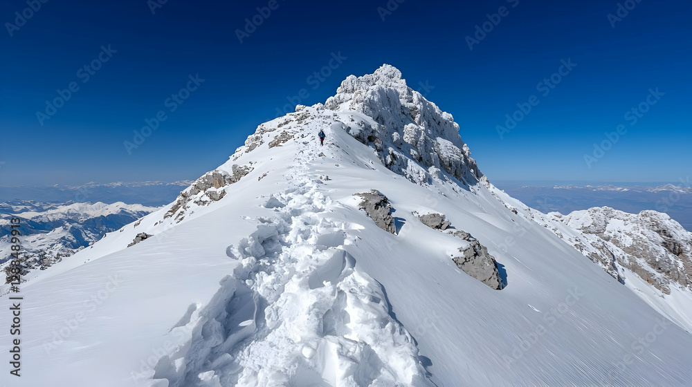 Climber ascends snowy mountain peak, clear sky, distant mountains. Use Travel brochure Climber ascends snowy mountain peak, clear sky, distant mountains. Use Travel brochure