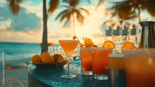 Tropical sunset beach bar cocktails