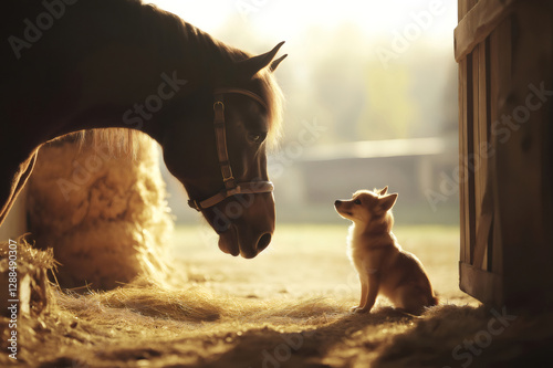 Horse and small dog looking at each other inside a stable, creating a heartwarming scene of interspecies friendship photo