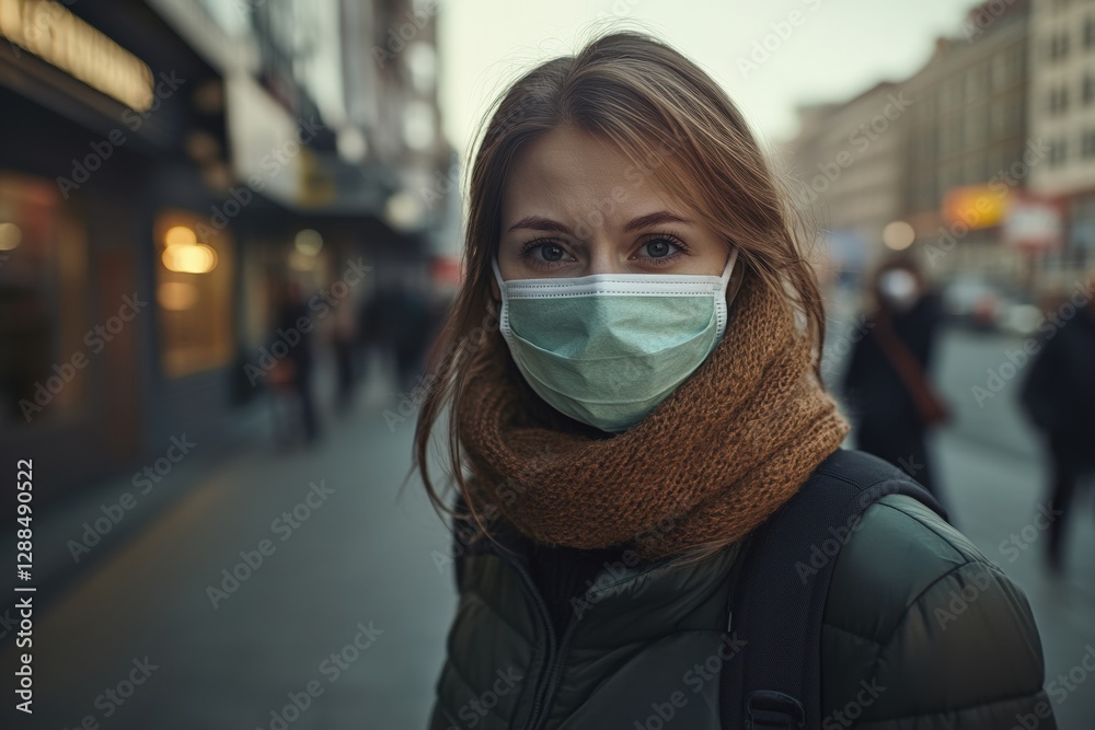 Person wearing a mask in a crowded street during evening hours contributing to public health safety. Generative AI Person wearing a mask in a crowded street during evening hours contributing to public health safety. Generative AI