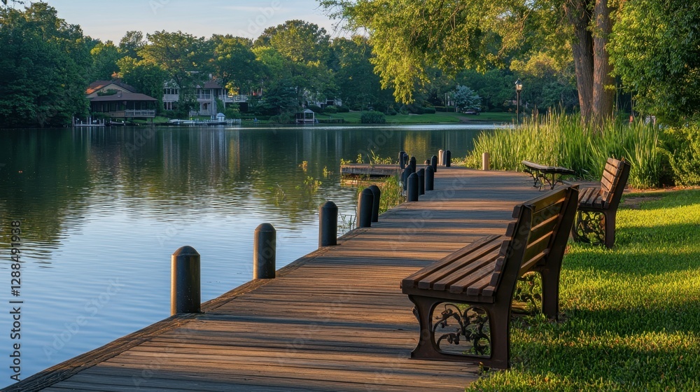 A serene waterfront scene featuring benches on a wooden pier beside calm water. A serene waterfront scene featuring benches on a wooden pier beside calm water.