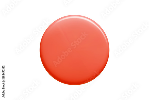 Red 3d circular banner with glossy surface and gradient shading. Minimalist vector element in coral shade glowing on white background for text box design.