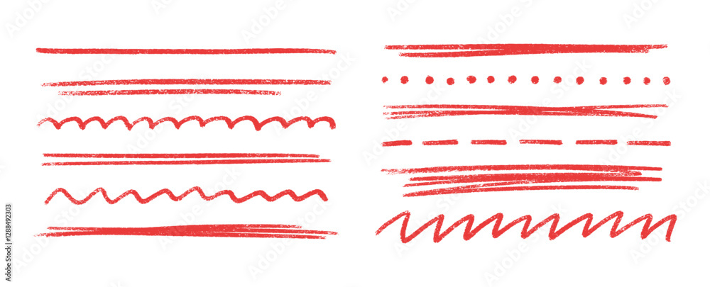 Red chalk crayon line collection - straight strokes, dotted rows, wavy patterns, zigzag marks with grunge textured surface. Hand drawn underline elements for design emphasis or decorative borders.