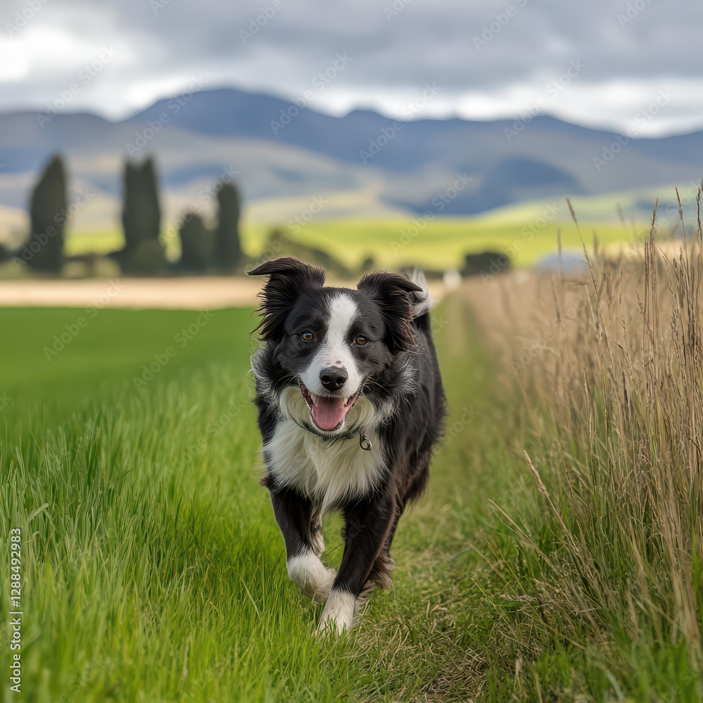 Happy border collie running in green countryside Happy border collie running in green countryside