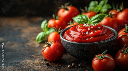 Ketchup in bowl with basil and tomatoes on dark wood surface, still life