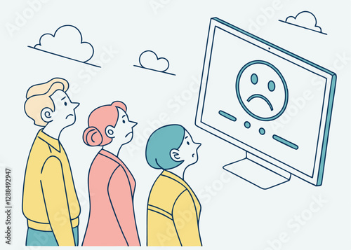 Computer outage, error or failure causing by software update mistake, operating system crash or cyber attack, server down or technical issue concept, people victims looking at computer laptop outage.