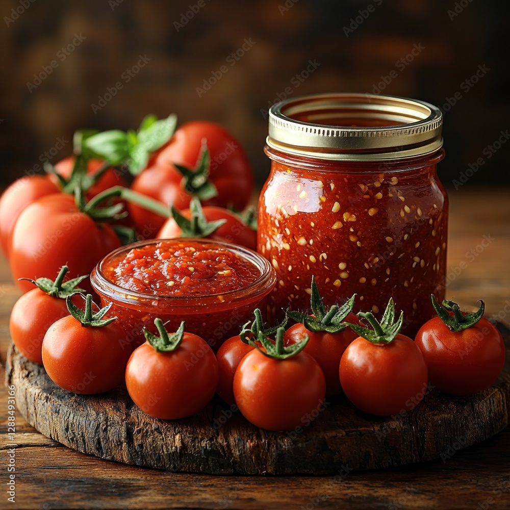 Tomatoes and homemade tomato sauce in a jar on a wooden board, table backdrop Tomatoes and homemade tomato sauce in a jar on a wooden board, table backdrop