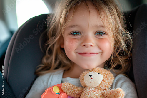 Smiling infant secured in soft padded car seat, feeling safe and comfortable. Scene captures travel safety, childhood innocence, and happy moments, emphasizing secure transport for babies.
